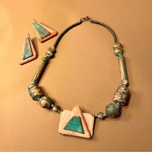 Handcrafted Vintage Artistan Jewelry Clay Pink & Turquoise, Patina Silver Tone